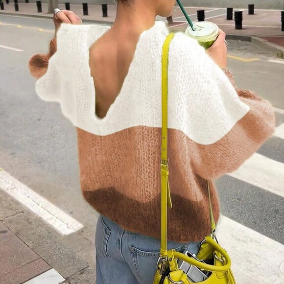 Multicolor Loose Fit Cropped Women's Color Block Backless Sweater - Picture 1 of 6